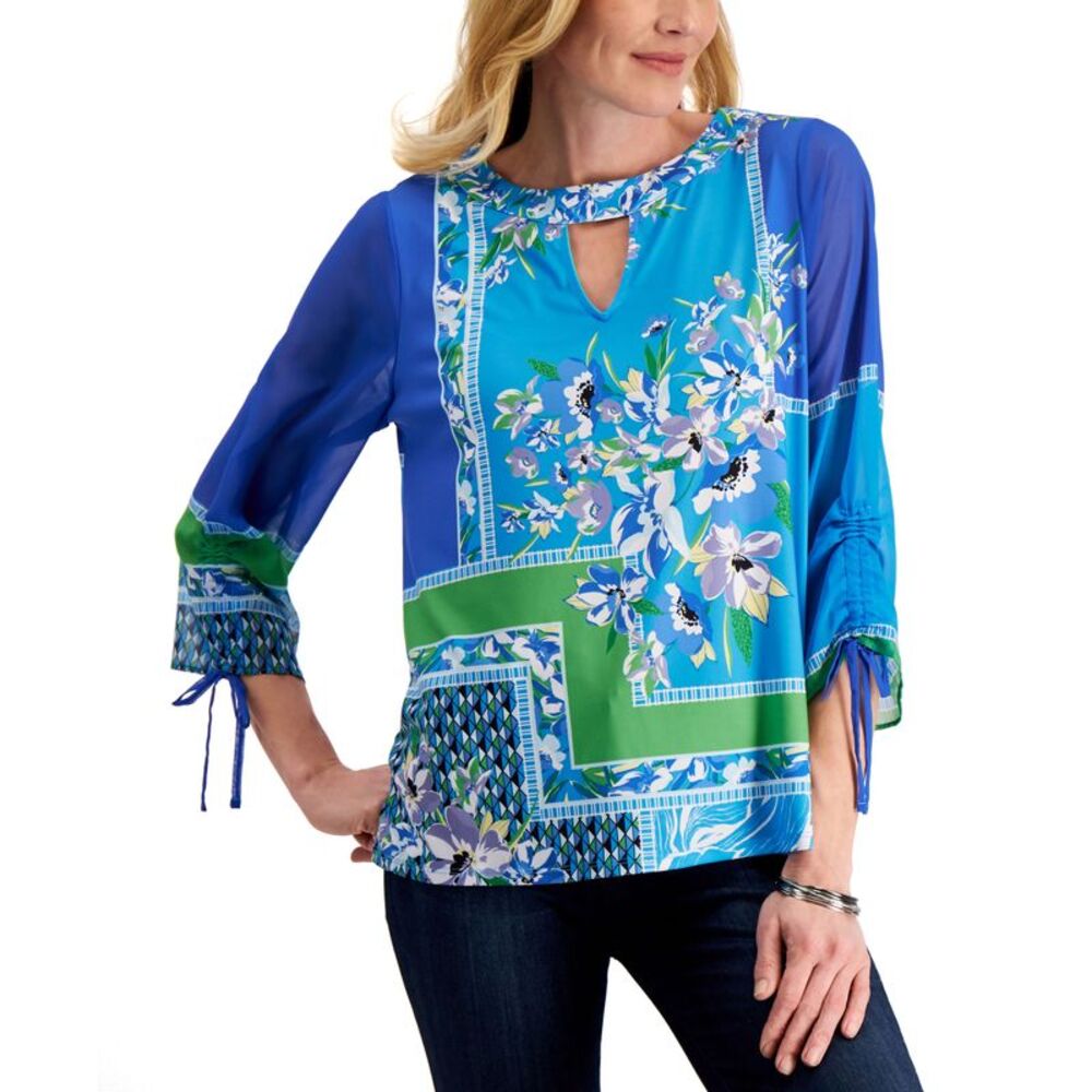 JM Collection Floral Print Keyhole Top